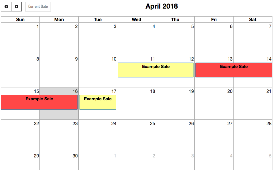 Screenshot of the sales and freeze calendar