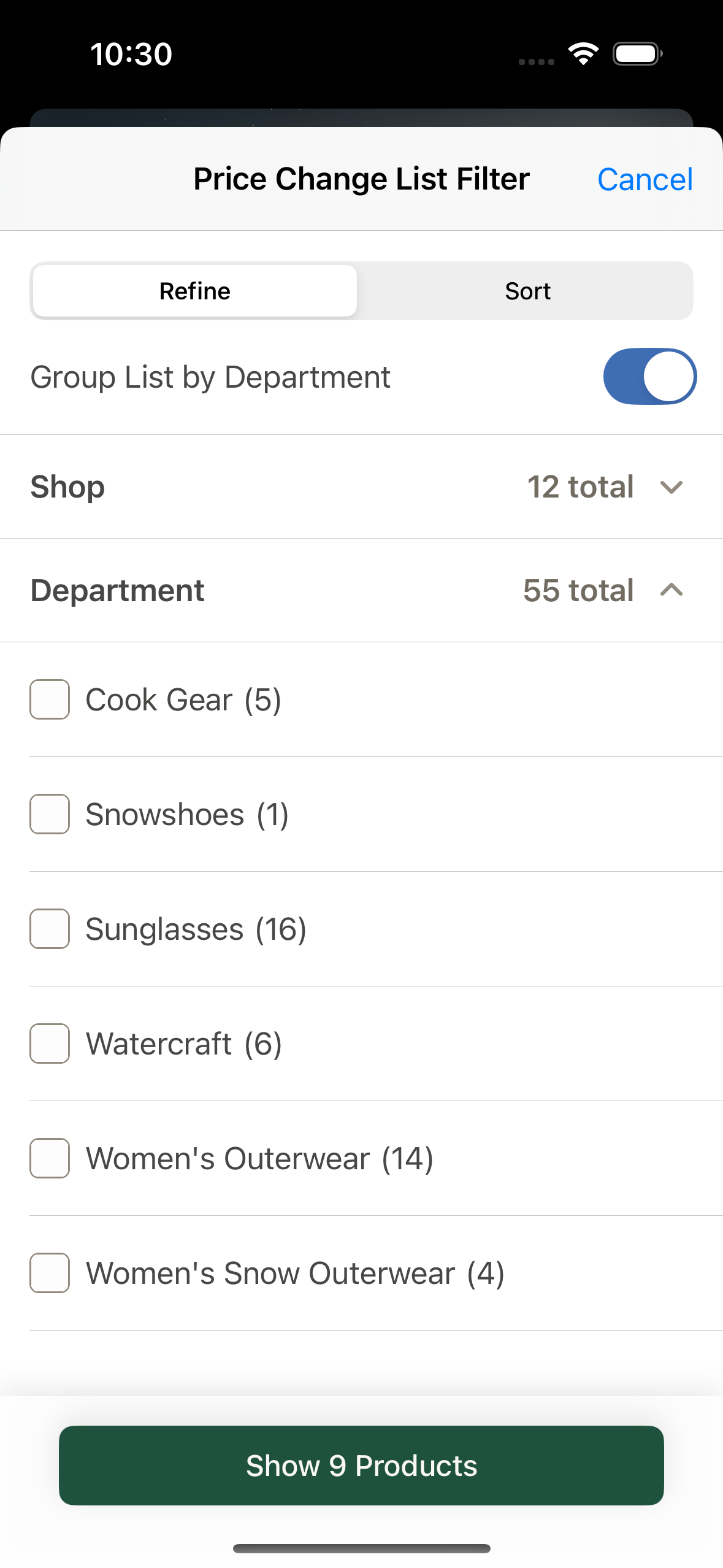 Ascent app showing department filter expanded with counts next to options