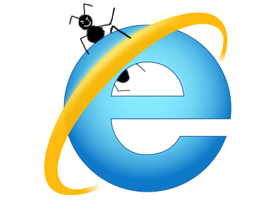 Internet explorer logo with a bug crawling on it.